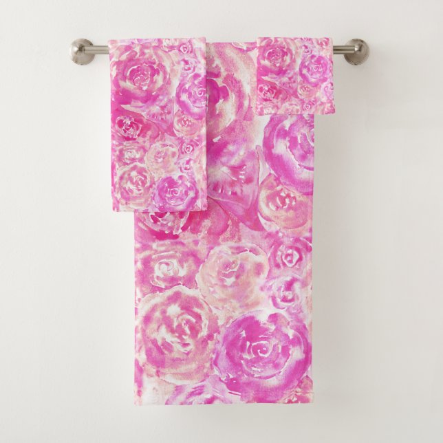 Elegant Girly Chic Pink Watercolor Roses  Bath Towel Set (Insitu)