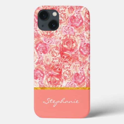 Elegant Girly Chic Roses Gold Coral Pink Name iPhone 13 Case