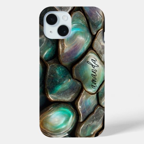 Elegant Girly Colorful Abalone Stones Personalized iPhone 15 Case