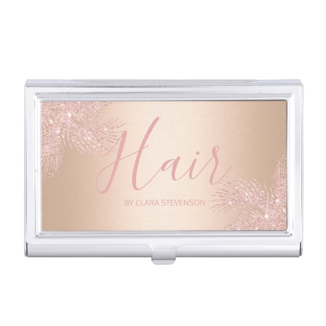 Elegant girly copper rose gold glitter palm hair business card case (Front)