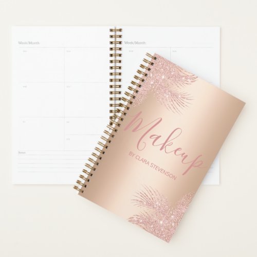 Elegant girly copper rose gold glitter palm makeup planner