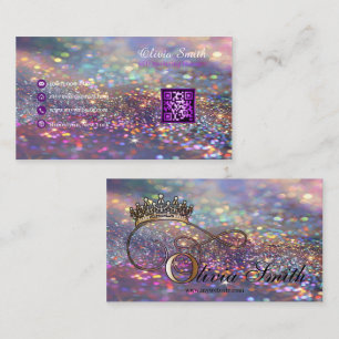 Elegant Girly Crown Colorful Glitter QR Code Business Card