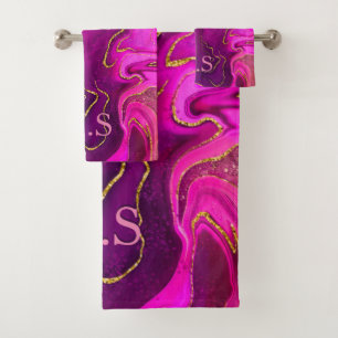 Elegant girly faux glitter marble art Monogram Bath Towel Set