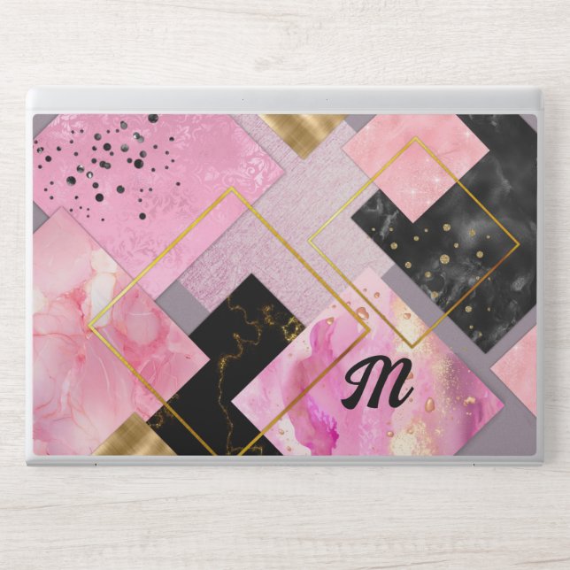 Elegant girly faux Glitter pink black geometric HP Laptop Skin (Front)