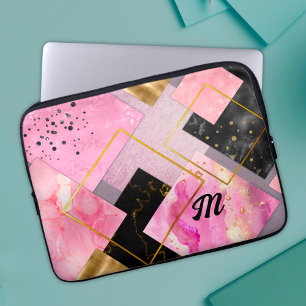 Elegant girly faux Glitter pink black geometric Laptop Sleeve