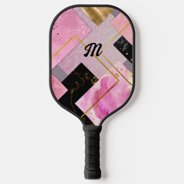 Elegant girly faux Glitter pink black geometric Pickleball Paddle (Front)