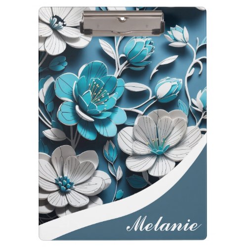 Elegant Girly Floral Blue Personalized Design  Clipboard