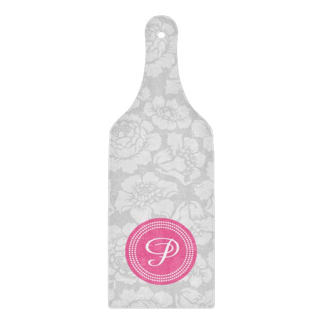Elegant Girly Floral Gray & Pink Personalized Cutting Board (Front)