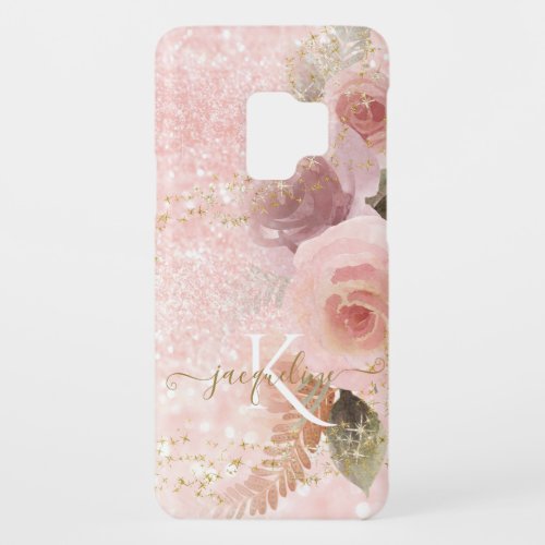 Elegant Girly Floral Pink Glitter Gold Stars Name Case_Mate Samsung Galaxy S9 Case