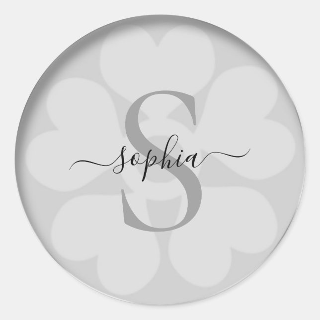 Elegant Girly Floral Silver Gray Monogram Name Classic Round Sticker (Front)