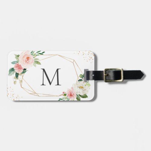 Elegant Girly Geometric Blush Pink Floral Monogram Luggage Tag