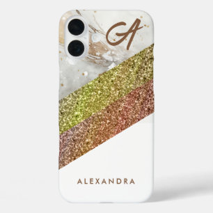 Elegant girly gold glitter white marble gold   iPhone 16 plus case