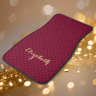 Elegant Girly Gold Name Modern Maroon Checkered Car Floor Mat