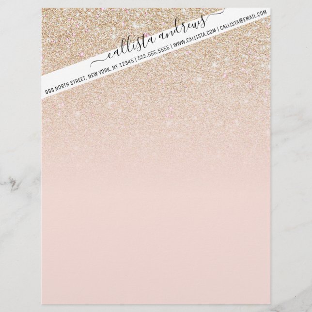 Elegant Girly Gold Rose Pink Glitter Ombre Letterhead (Front)