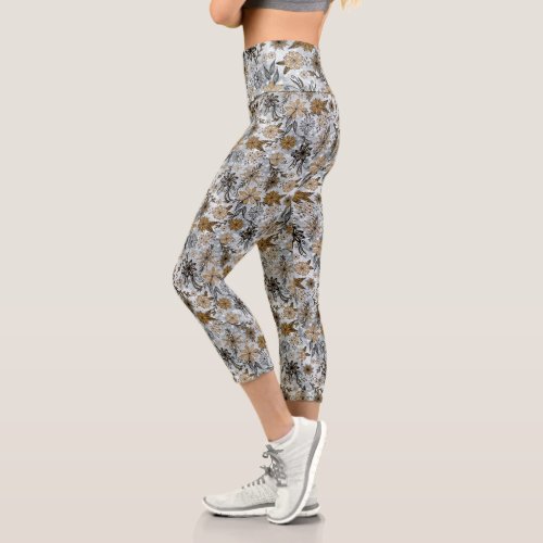 Elegant Girly Gold  Silver Glitter Floral Design Capri Leggings