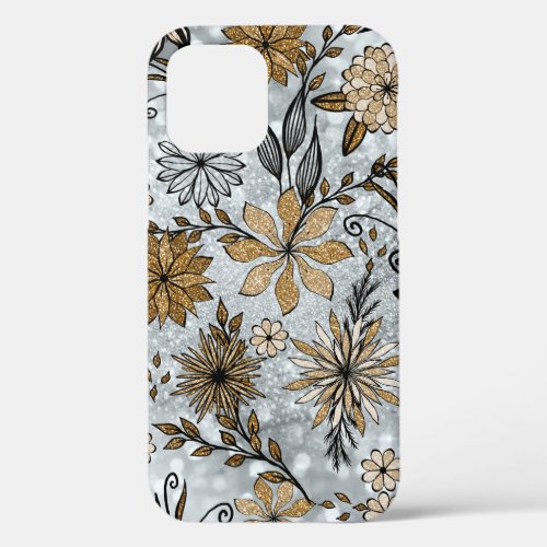 Elegant Girly Gold  Silver Glitter Floral Design iPhone 12 Case
