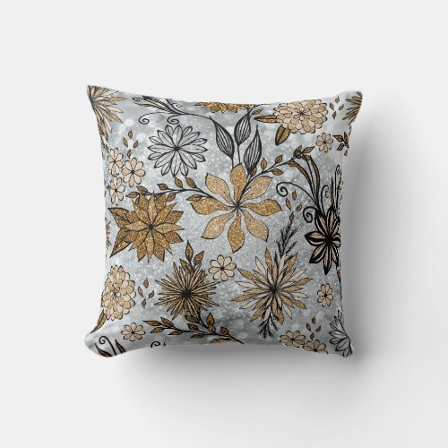 Elegant Girly Gold  Silver Glitter Floral Design Throw Pillow