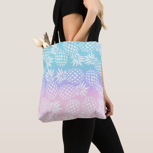 Elegant Girly Gradient Pineapple Pattern Colorful Tote Bag (Close Up)