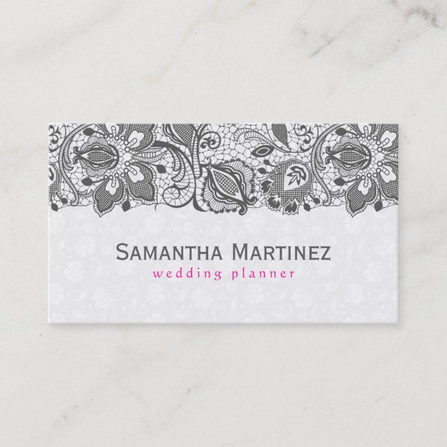 Elegant Girly Gray Lace Over White Damasks Business Card (Front)
