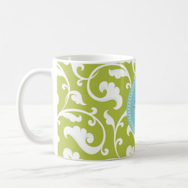 Elegant girly green floral pattern monogram coffee mug (Left)