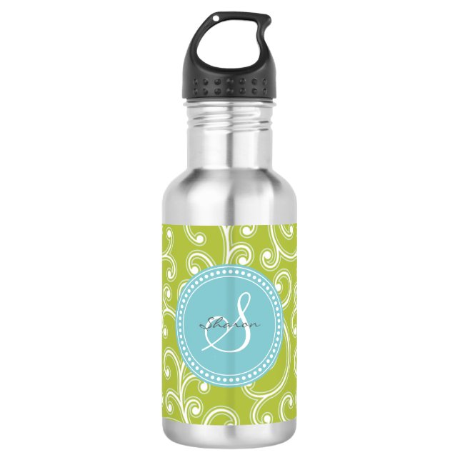 Elegant girly green floral pattern monogram water bottle (Front)