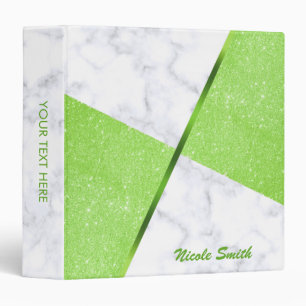 Elegant girly green glitter & white marble 3 ring binder