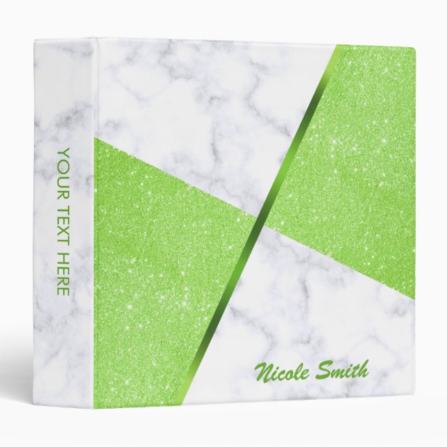 Elegant girly green glitter & white marble 3 ring binder (Front/Spine)