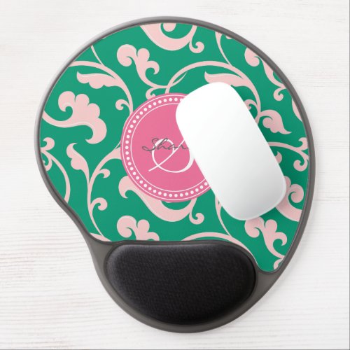 Elegant girly green pink floral pattern monogram gel mouse pad