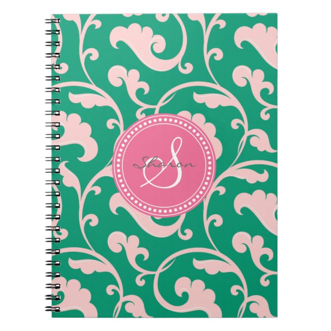 Elegant girly green pink floral pattern monogram notebook (Front)