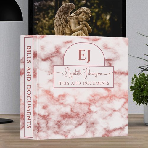 Elegant Girly Grey  Rose Gold Marble Monogrammed 3 Ring Binder