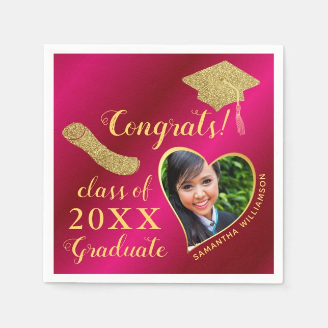 Elegant Girly Hot Pink Gold Photo 2025 Graduation Napkins (Front)