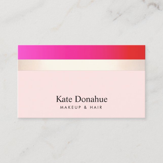 Elegant Girly Hot Pink Gold Striped Cosmetologist Business Card (Front)