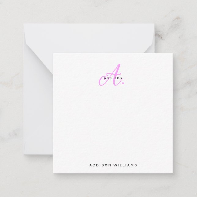 Elegant Girly Magenta Hot Pink Script Monogram Note Card (Front)