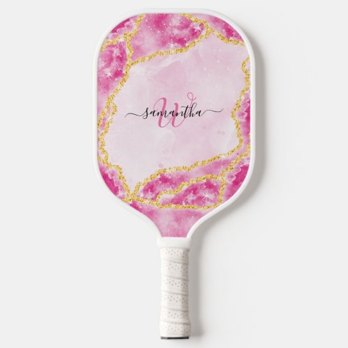 Elegant Girly Marble Pink Monogrammed Pickleball Paddle