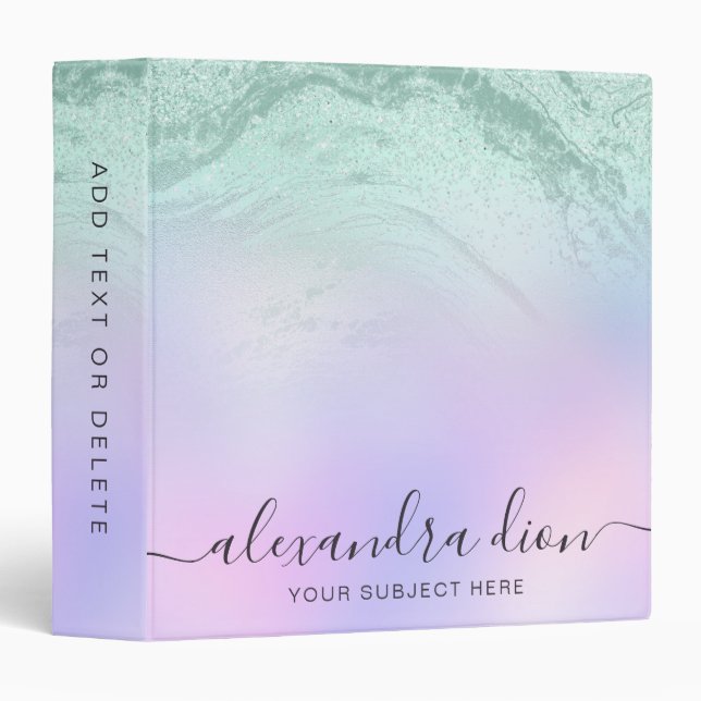 Elegant girly mint green glitter marble purple 3 ring binder (Front/Spine)