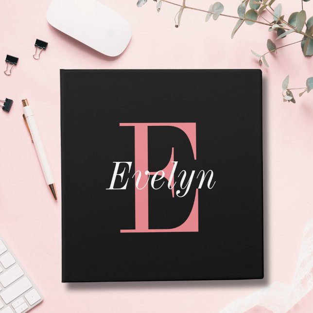 Elegant Girly Monogrammed Black and Pink 3 Ring Binder (Creator Uploaded)