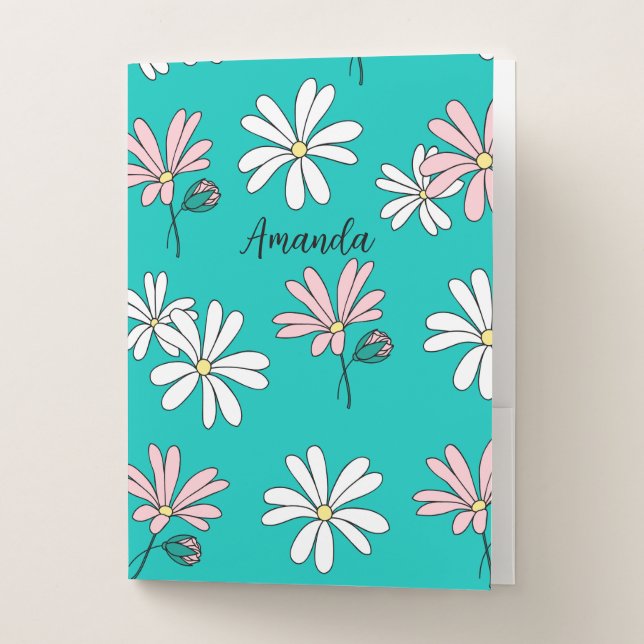 Elegant girly monogrammed blue pattern floral pocket folder (Front)
