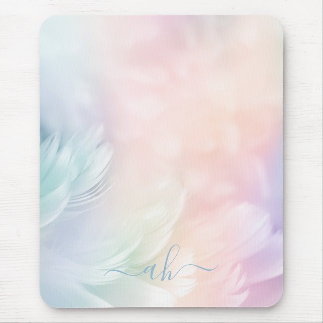 Elegant Girly Monogrammed Pastel Rainbow Feather Mouse Pad (Front)