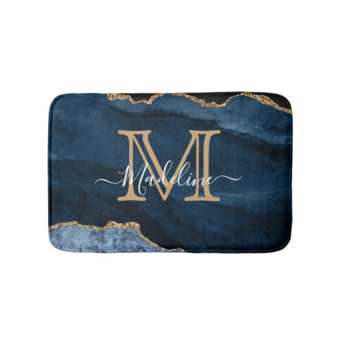 Elegant Girly Navy Blue Gold Agate Geode Monogram Bath Mat