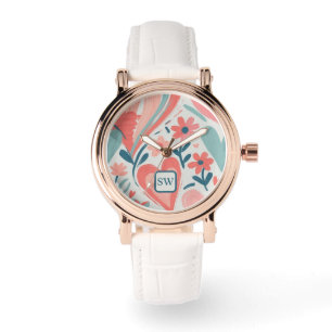 Elegant girly orange, cream, teal floral hearts  watch