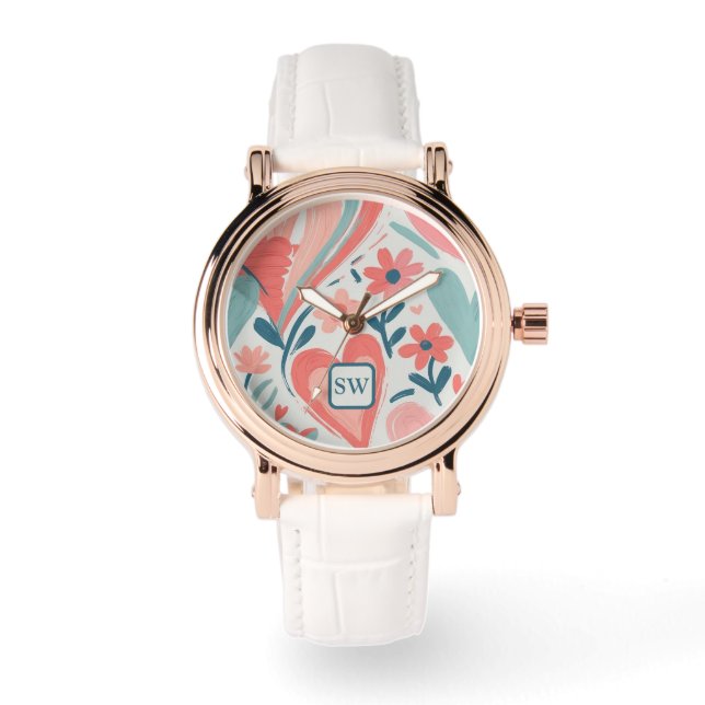 Elegant girly orange, cream, teal floral hearts  watch (Front)
