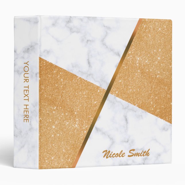 Elegant girly orange glitter & white marble 3 ring binder (Front/Spine)