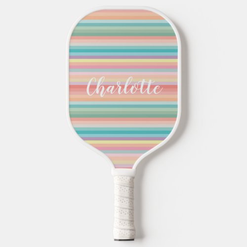 Elegant Girly Pastel Rainbow Stripes Personalized Pickleball Paddle