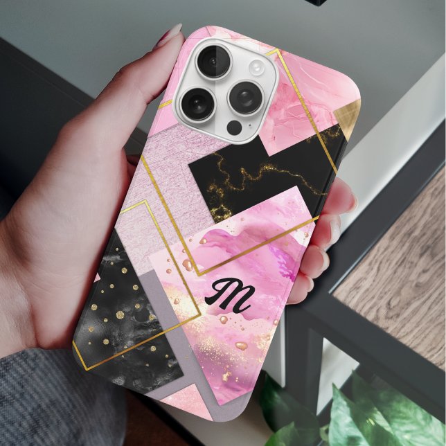 Elegant girly pink black faux Glitter geometric Case-Mate iPhone Case (Creator Uploaded)