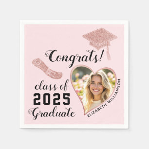 Elegant Girly Pink Class 2025 Photo Graduation Napkins