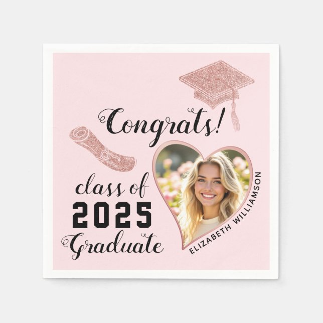 Elegant Girly Pink Class 2025 Photo Graduation Napkins (Front)