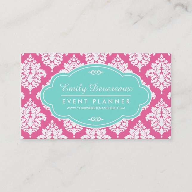 Elegant Girly Pink Damask Personalized Business Card (Front)