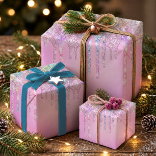 Elegant Girly Pink Dripping Faux Glitter Wrapping Paper Sheets
