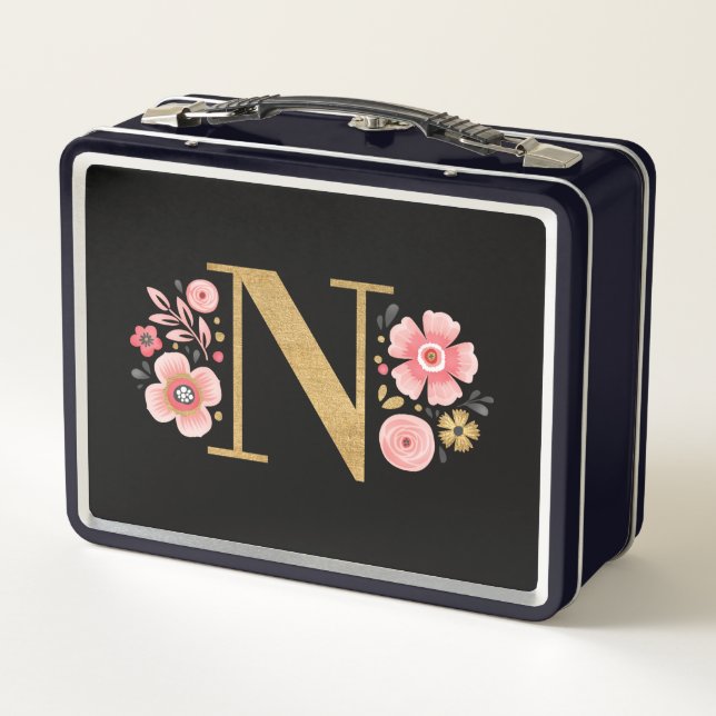 Elegant Girly Pink Floral Metal Lunch Box (Back)