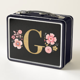 Elegant Girly Pink Floral Monogram Metal Lunch Box
